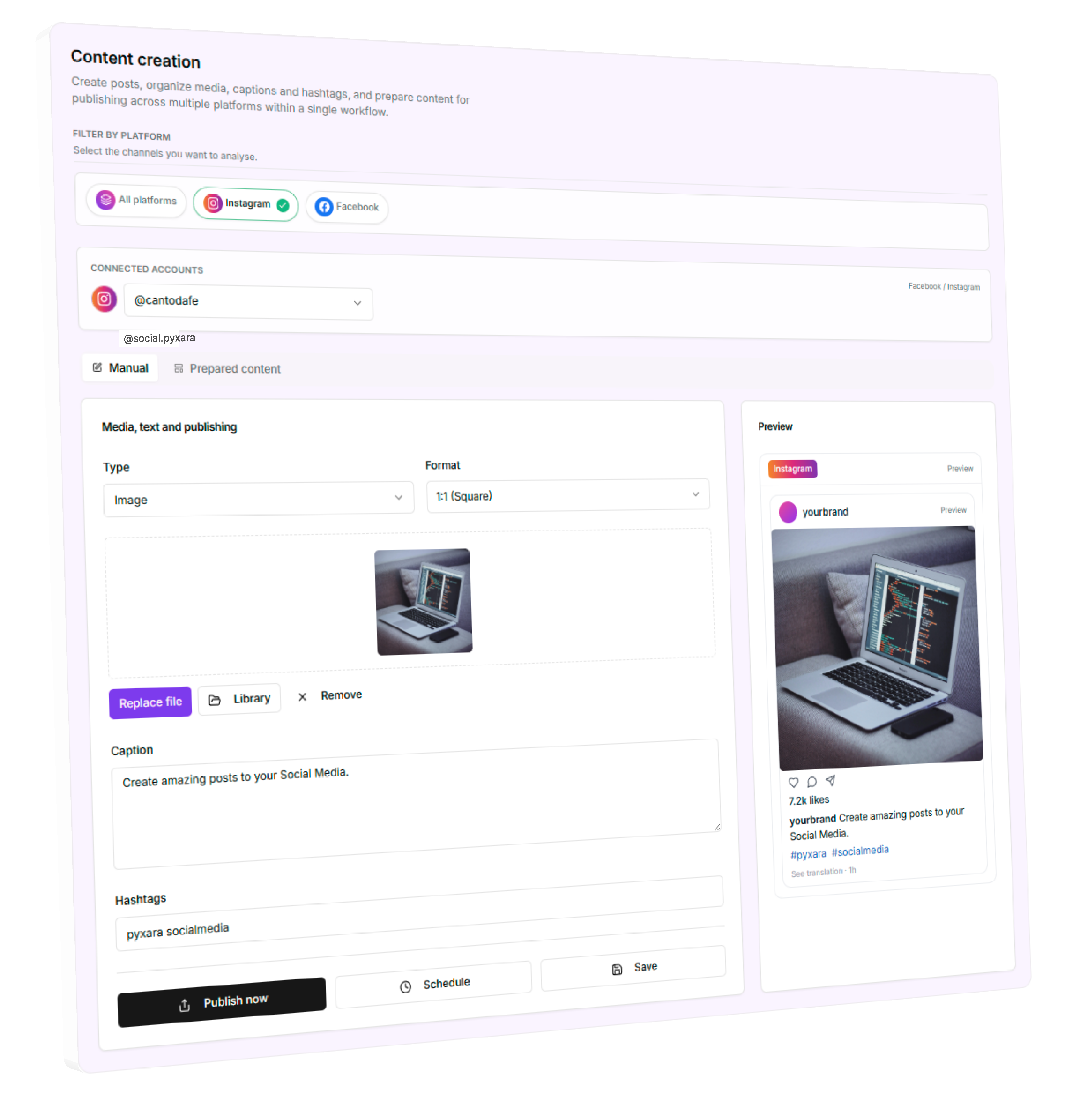 Pyxara Social content creation interface with caption editor, media, and live preview